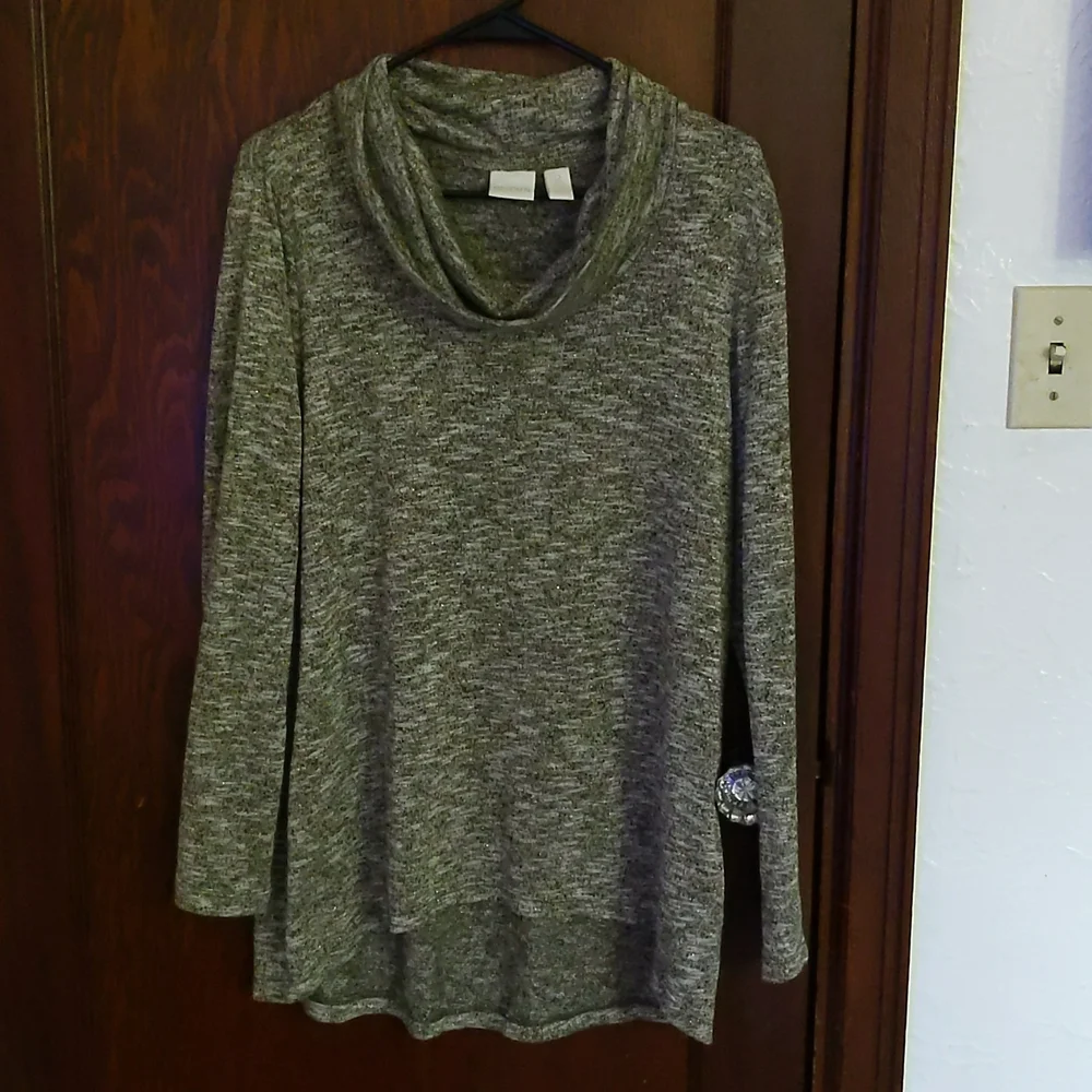 Chico's Olive Green & Gold Metallic Lightweight Cowl Neck Blouse Size L